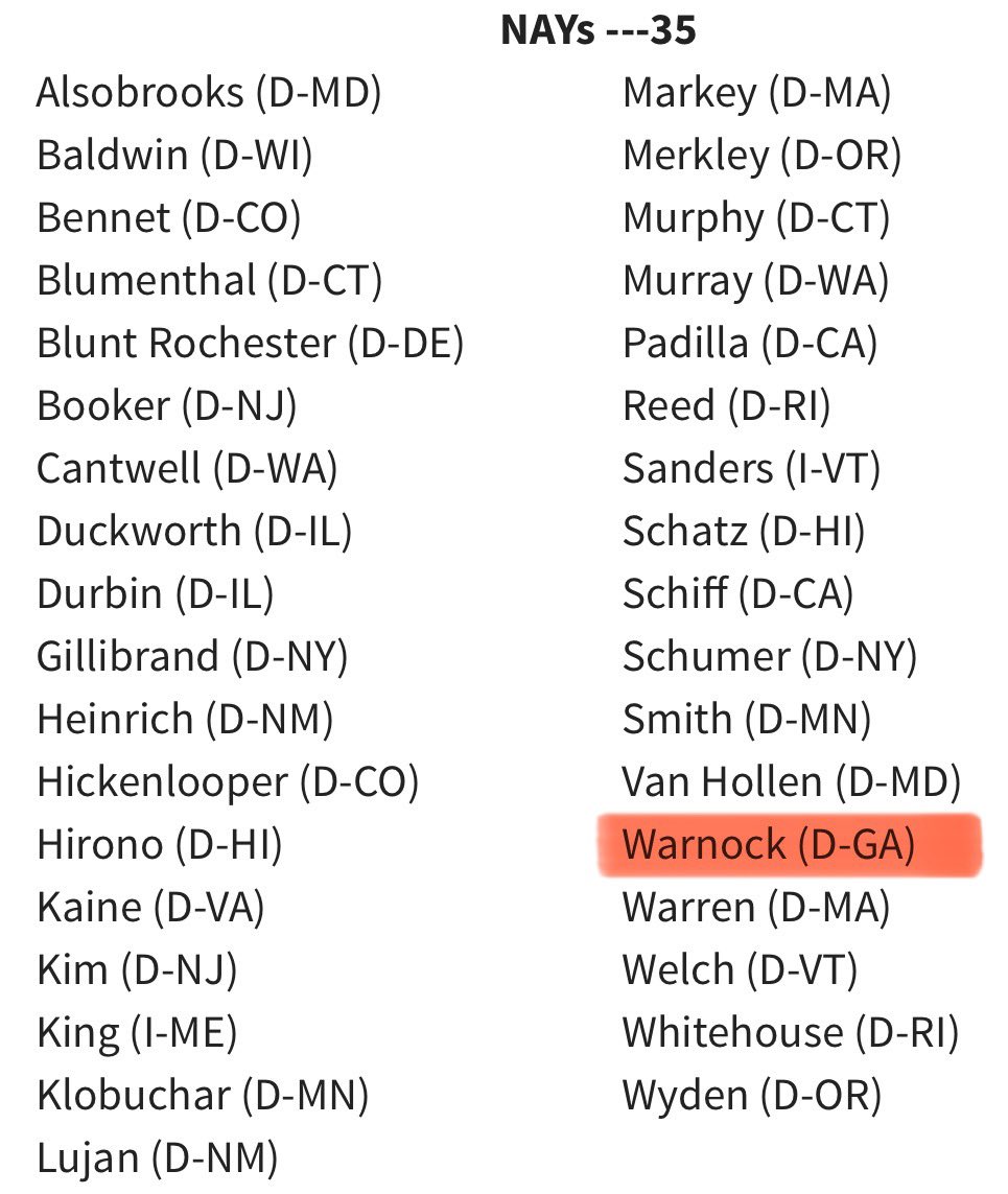 OcrazioCornPop's tweet photo. 🚨 BREAKING:  Senate voted 61-35 to advance the Laken Riley Act

Here is the list of the 35 Democrat Senators who voted "No" on advancing the Laken Riley Act:

@ReverendWarnock voted No.