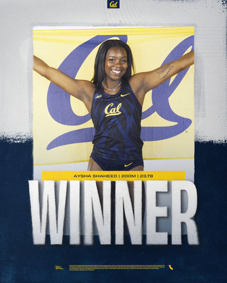 Cal XC/Track & Field (@caltfxc) on Twitter photo 200m - Women |
Looks like #ShaheedSpeed is back on the menu!
Aysha Shaheed runs to victory - just 0.01s off her own school record! 
1. Aysha Shaheed 23.78
12. Paige Porter 25.49 (collegiate debut)
14. Jaymie Ruskovich 25.55
25. Ryan Lacefield 26.52
#GoBears🐻 200m - Women |
Looks like #ShaheedSpeed is back on the menu!
Aysha Shaheed runs to victory - just 0.01s off her own school record! 
1. Aysha Shaheed 23.78
12. Paige Porter 25.49 (collegiate debut)
14. Jaymie Ruskovich 25.55
25. Ryan Lacefield 26.52
#GoBears🐻