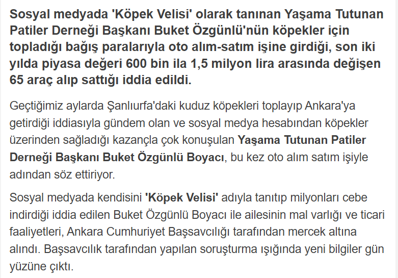 alitufekcii's tweet photo. Neler olmuştu?    

Kuduz köpekleri barınaktan kaçıran Köpek Velisi Buket Özgünlü'nün köpeklere yardım için topladığı paraları kendi hesabına geçirdiği ortaya çıkmıştı. 

MASAK raporuyla ortaya çıkan Özgünlü'nün yaptıkları gündem olmuştu.  

  #köpekterörü https://t.co/b4NMbrUFnq