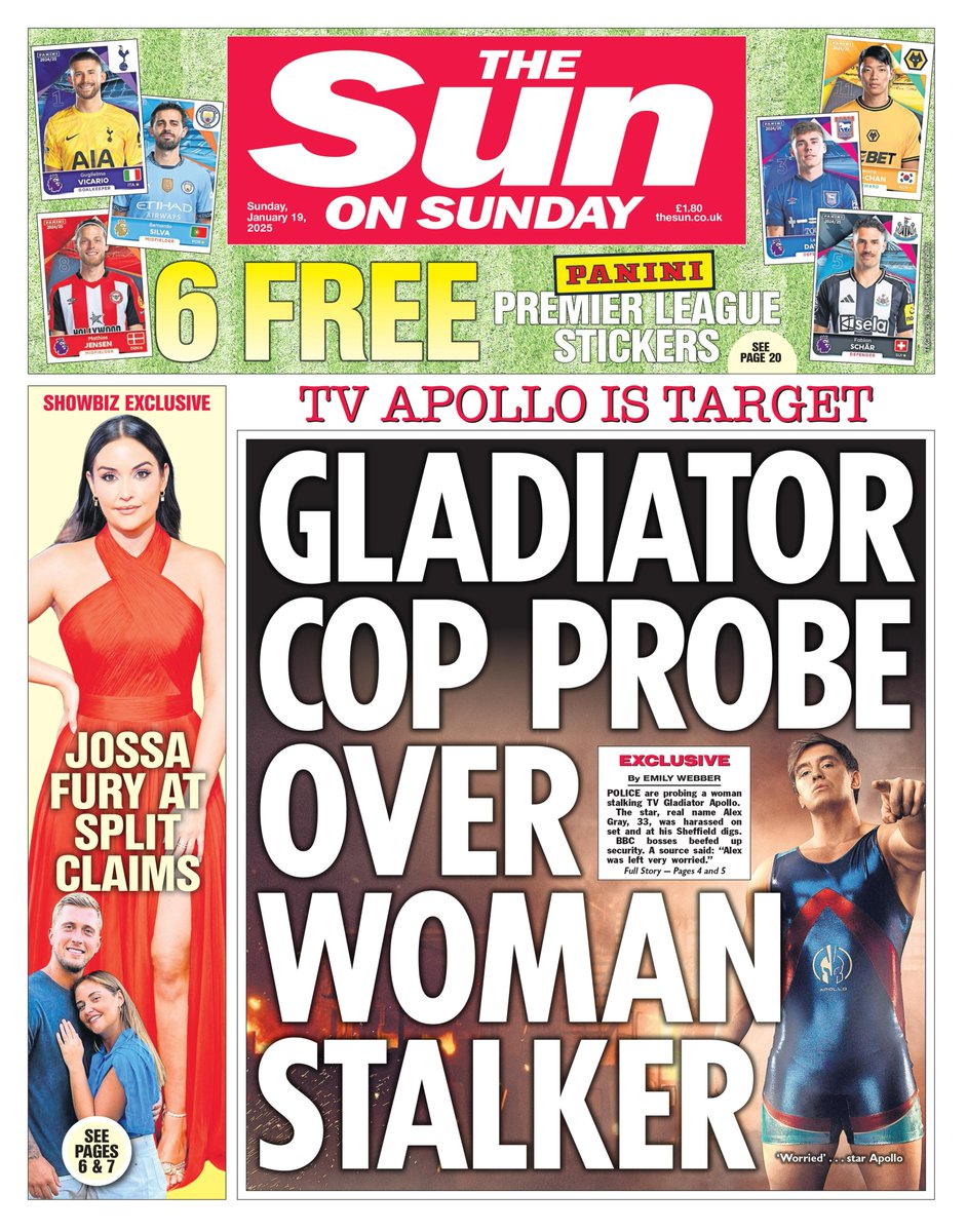 Tomorrow's front page: Gladiator cop probe over woman stalker thesun.co.uk/tv/32876561/gl…