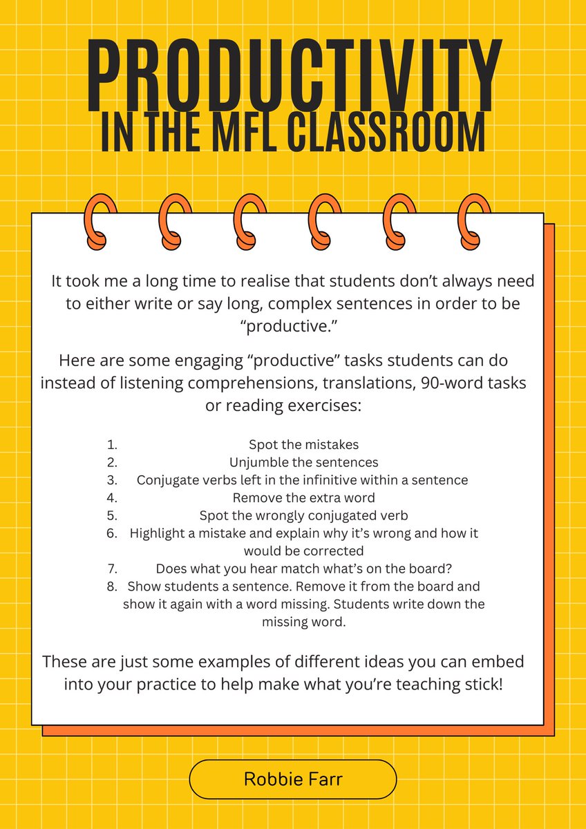 I am moving away from the idea that if my students aren’t producing lots of language they’re not being “productive.” The ideas below have helped embed knowledge in my students’ long term memory which, in any case, is the bedrock of productivity #mfltwitterati #edutwitter