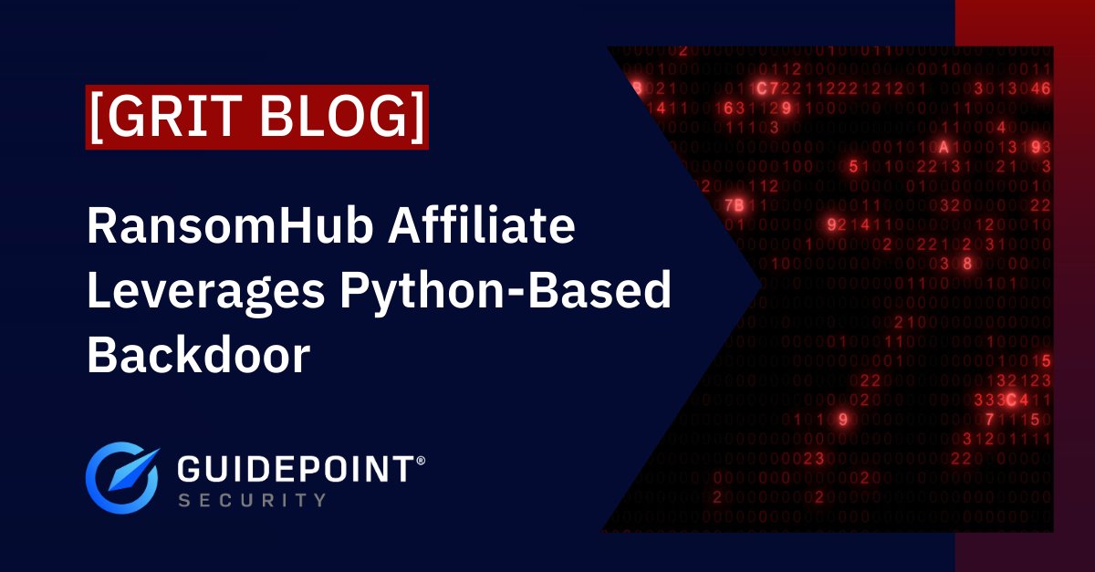 ormebk's tweet photo. GRIT spotted a new #ransomware issue during a recent incident where a threat actor was utilizing a Python-based backdoor to keep access to compromised endpoints. 

Get the important #GRIT_Intel in the latest blog: https://t.co/uKyyAtqdSA

#Malware #AI #RansomHub https://t.co/2tPjRh5cyp