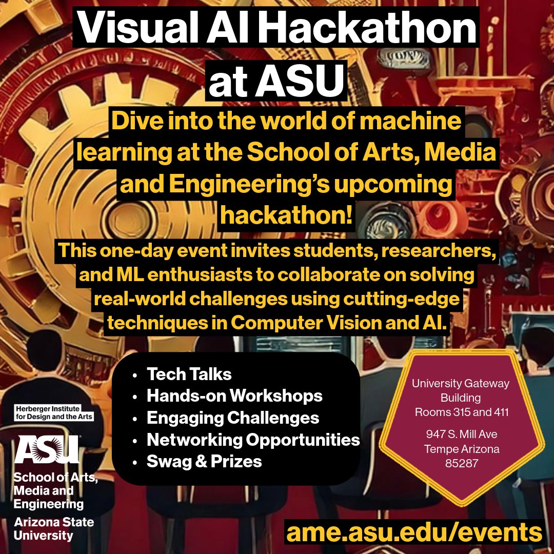 School of Arts, Media and Engineering (AME) (@asu_artsmedia) on Twitter photo Dive into the world of machine learning at the School of Arts, Media and Engineeringās upcoming hackathon!
Register here: asuevents.asu.edu/event/visual-aā¦
<a href="/ASUHIDA/">Herberger Institute</a>
#AI #Hackathon #ArizonaStateUniversity Dive into the world of machine learning at the School of Arts, Media and Engineeringās upcoming hackathon!
Register here: asuevents.asu.edu/event/visual-aā¦
<a href="/ASUHIDA/">Herberger Institute</a>
#AI #Hackathon #ArizonaStateUniversity