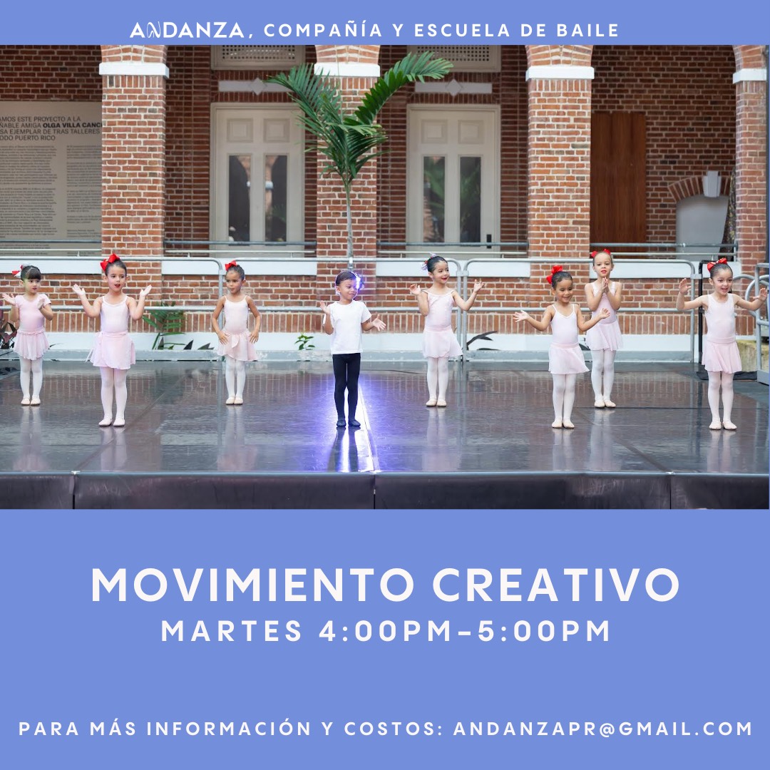 AndanzaPR's tweet photo. ¡Baila en Andanza! 

Para niños de 3 y 4 años, el MOVIMIENTO CREATIVO integra ritmo, géneros musicales, improvisación y varios recursos para estimular la creatividad, expresión, coordinación y concentración. 

Prueba libre de costo: https://t.co/FaTxsZ1bxU

andanzapr@gmail.com https://t.co/qOWCGlrp21