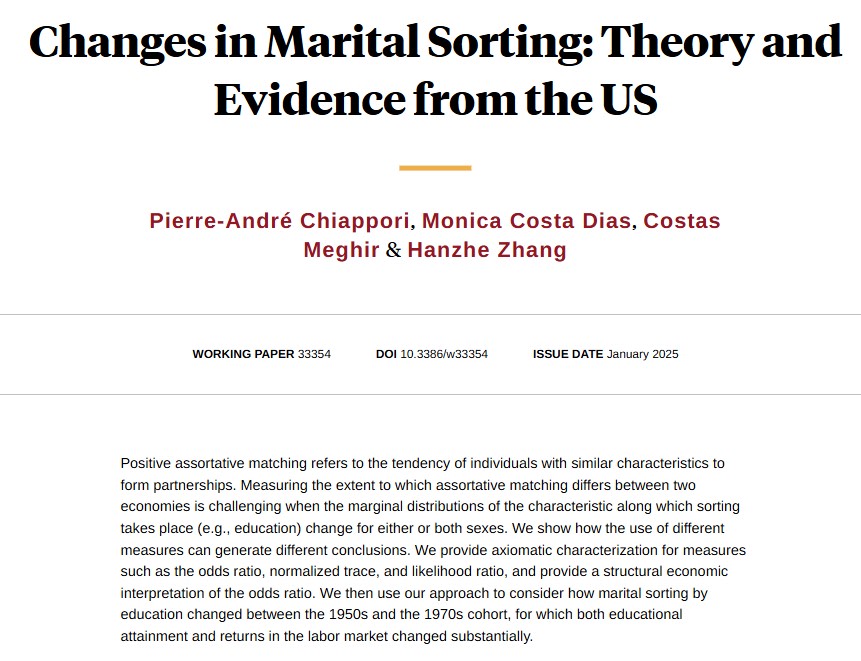 NBER (@nberpubs) on Twitter photo Providing an axiomatic characterization of measures of marital sorting by education and evaluating the changes in marital matching patterns in the US, from Pierre-André Chiappori, Monica Costa Dias, <a href="/CostasMeghir/">Costas Meghir</a>, and @Hanzhe_Zhang nber.org/papers/w33354 Providing an axiomatic characterization of measures of marital sorting by education and evaluating the changes in marital matching patterns in the US, from Pierre-André Chiappori, Monica Costa Dias, <a href="/CostasMeghir/">Costas Meghir</a>, and @Hanzhe_Zhang nber.org/papers/w33354