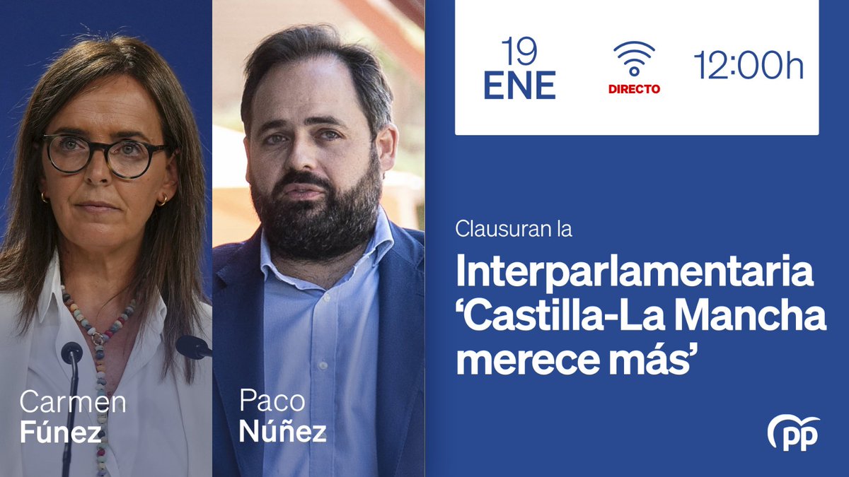🔵 DIRECTO

⏰ A partir de las 12:00h
🗣️ <a href="/carmenfunezdg/">Carmen Fúnez</a> y <a href="/paconunez_/">Paco Núñez</a> clausuran la Interparlamentaria "Castilla-La Mancha merece más".

📡 Síguelo a través del siguiente enlace: youtube.com/watch?v=rf9c0A…