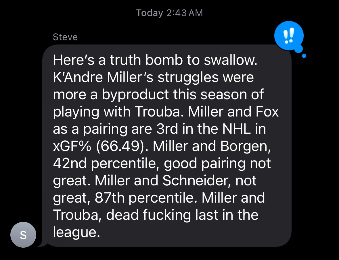 Girlfriend: “It’s 2:43 am and he’s not home yet, he must be cheating.”

Rangers fan boyfriend: