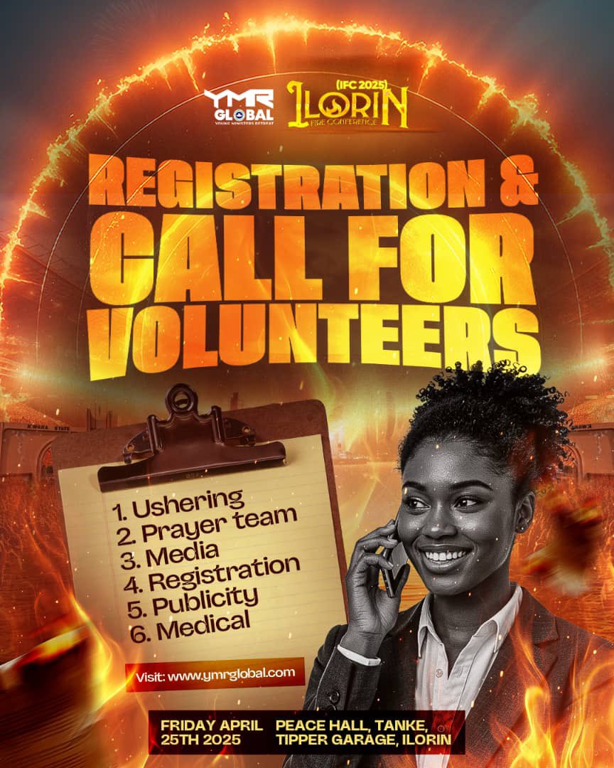 ymrglobal's tweet photo. ILORIN FIRE CONFERENCE 2025 – VOLUNTEERS NEEDED!

We invite you to answer this call by joining the volunteer team for the *ILORIN FIRE CONFERENCE 2025* as we prepare for a mighty move of God.

Sign up using the link below:
https://t.co/rYooQ1s1xh

God bless you! https://t.co/UUw5YZJJkh