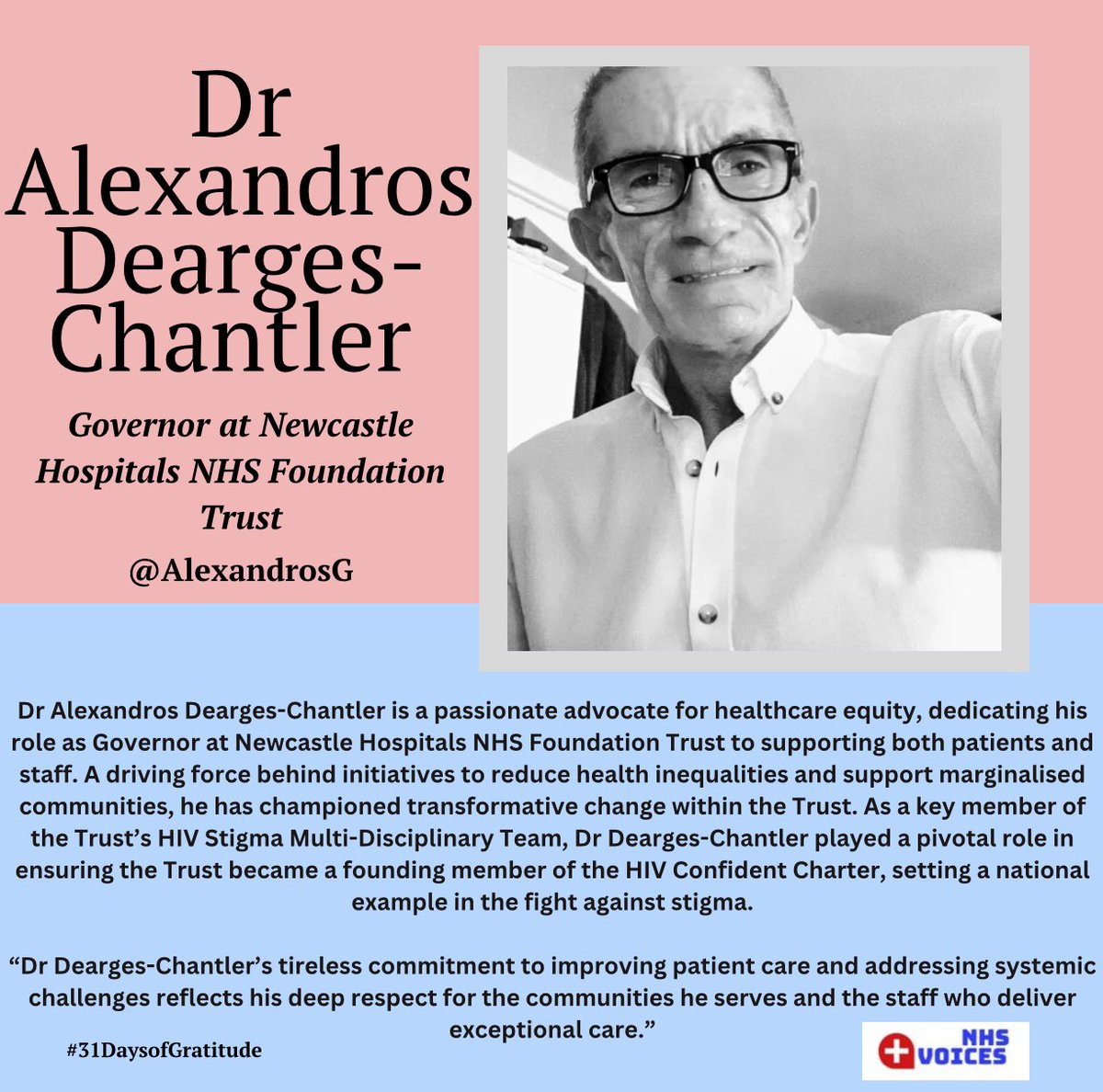 nhs_voices's tweet photo. @NHSuk 🌟 Day 18 of Gratitude: Dr Alexandros Dearges-Chantler @AlexandrosG 🌟

💙 Governor at Newcastle Hospitals NHS Foundation Trust 

#31DaysOfGratitude #NHS_Voices #HIVStigmaFree #HealthEquity #SupportOurNHS @NewcastleHosps @NHSuk https://t.co/R22N6ZURAj
