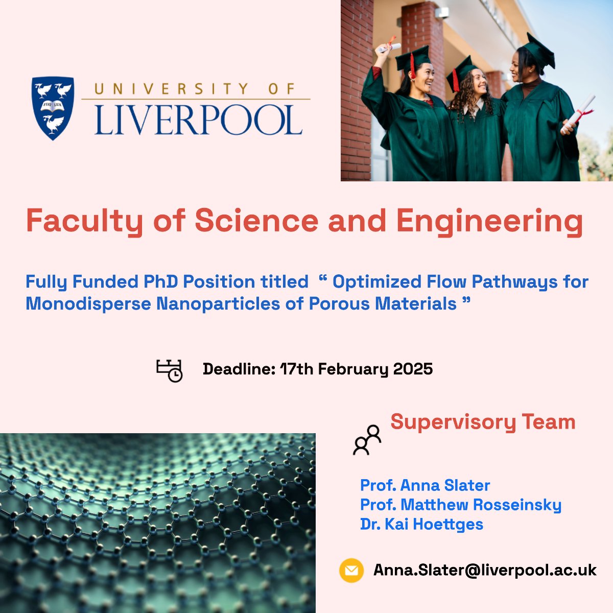 PhdScanner's tweet image. 📢📢 Fully Funded #phdposition alert

✅Passionate about #Nanoparticles #Chemistry 👨‍🔬👩‍🔬

✅ Rare @EPSRC  fully funded #PhDposition for up to 4⃣ years within the Faculty of Science and Engineering  @LivUni

📌This #phdproject is titled "Optimized Flow Pathways for Monodisperse
