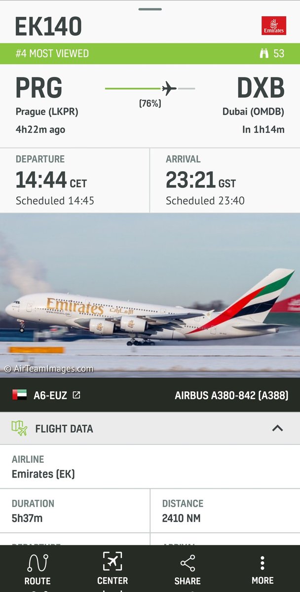 AirNavRadar's tweet photo. 🌍✨ Today's most tracked flight is #EK140, soaring high with an iconic Airbus A380! ✈️
Stay in the loop and follow its journey on AirNav Radar: https://t.co/jCZV3LaEu6
#AviationLovers #AirNav https://t.co/qqDk5Bi22M