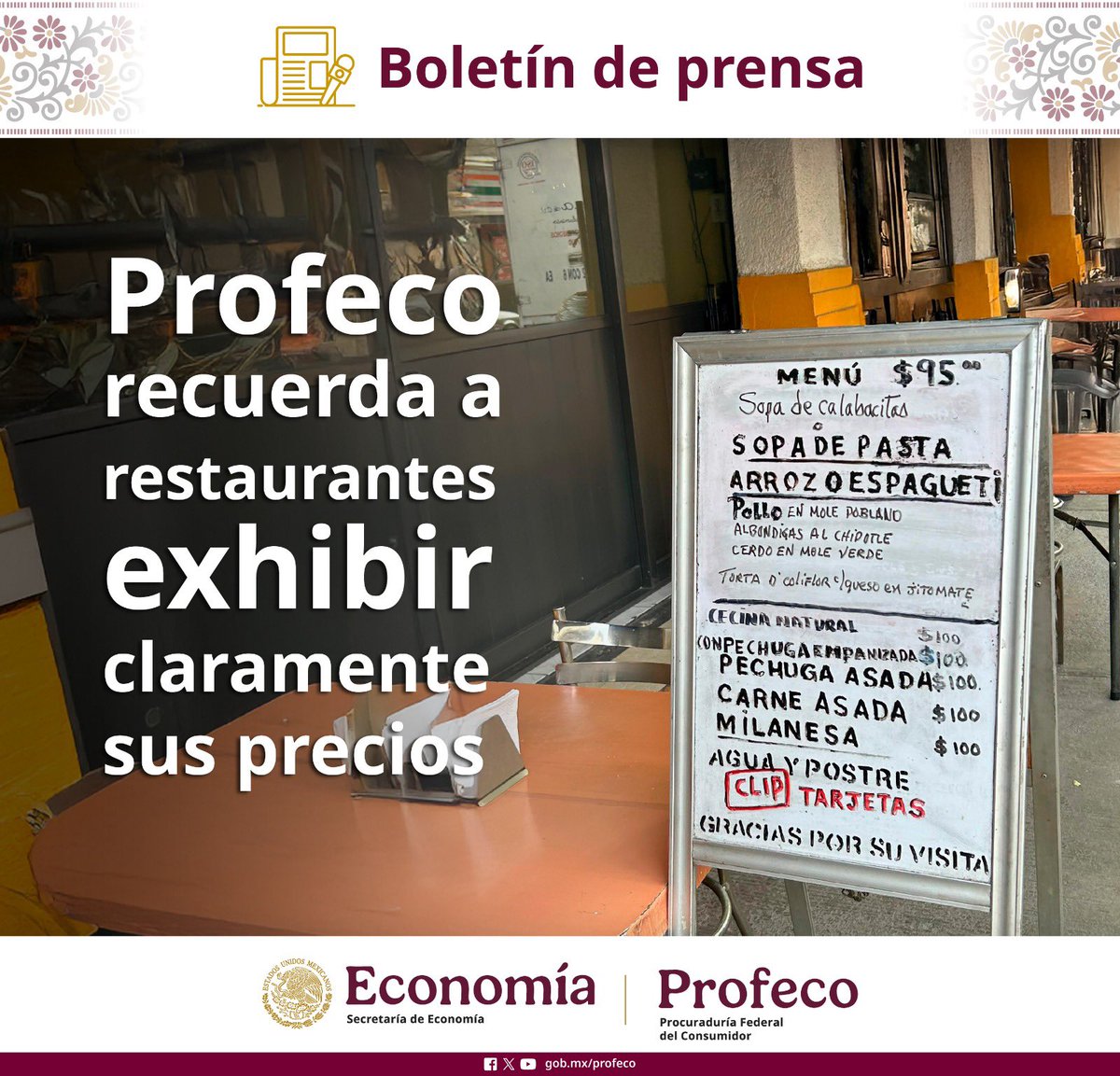 #BoletínDePrensa La Profeco recuerda a los restaurantes que deben mostrar sus precios de manera clara. El pago de la propina es voluntario y no puede incluirse en la cuenta. Además, la información del menú debe ser completa e incluir las porciones especificadas.

En caso de