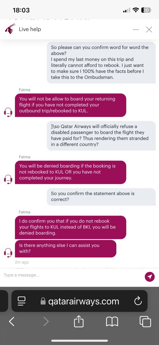 KerryRousell's tweet photo. @qatarairways Is it correct that you will deny a disabled person entry onto their return flight home, if they haven’t completed the rest of the journey they have paid for, because of safety concerns? Thus leaving them stranded? https://t.co/N1PgbWR69L