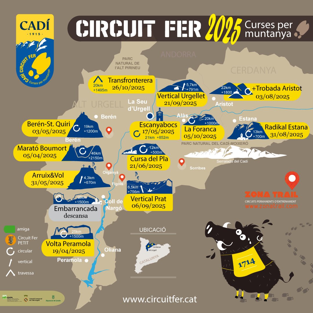 🏔️🐗 El teu proper repte t’espera al CIRCUIT FER 2025!🏃‍♀️🏃‍♂️

💡 Si t'apassiona córrer per la muntanya, el CIRCUIT FER és el teu lloc! Descobreix el 𝗖𝗔𝗟𝗘𝗡𝗗𝗔𝗥𝗜 𝟮𝟬𝟮𝟱 de curses amb recorreguts espectaculars per l’Alt Urgell i Cerdanya, entorns naturals impressionants