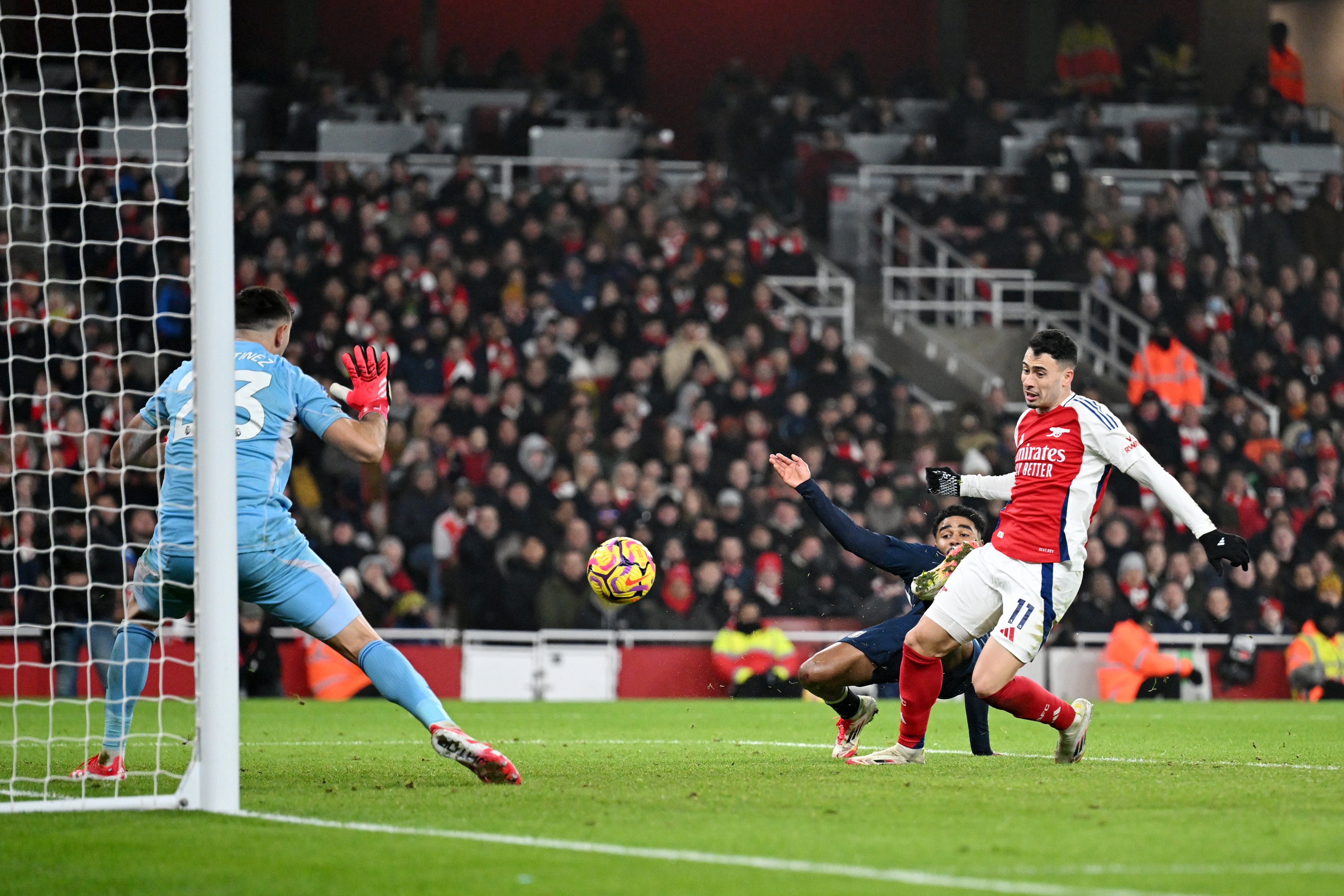 Gabriel Martinelli scores the opener for Arsenal against Aston Villa