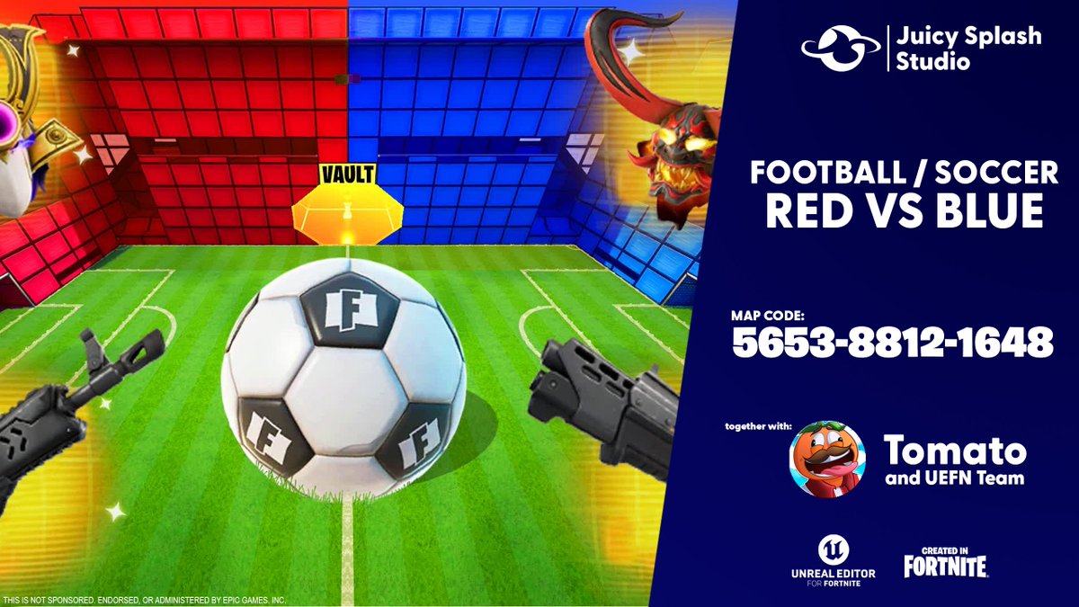 FOOTBALL | SOCCER RED VS BLUE ⚽
MAP CODE: 5653-8812-1648

Enter the map on which the most important thing is the ball! Have fun and defeat your rivals in themed events such as Low Gravity Ball, Small Ball and Gold!
Try to feel like real football stars, while remembering to