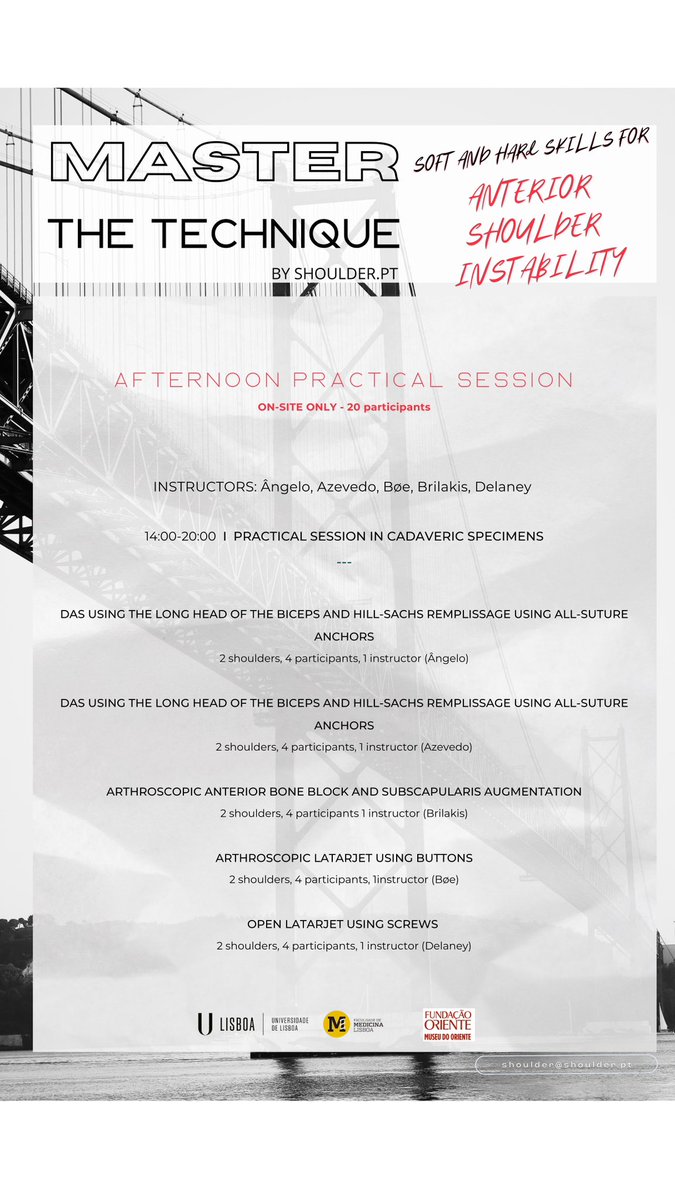 SHOULDER.PT (@shoulderptuga) on Twitter photo Come to Lisbon!
Join us at The Master the Technique - SOFT AND HARD SKILLS FOR ANTERIOR SHOULDER INSTABILITY, with theoretical and practical sessions featuring relive surgeries followed by a cadaver lab for 20 participants💪shoulder.pt/master-the-tec…
<a href="/angelo_catarina/">Ana Catarina Ângelo</a> <a href="/C_l_a_r_a_Az/">Clara Campos Azevedo, MD, PhD</a> Come to Lisbon!
Join us at The Master the Technique - SOFT AND HARD SKILLS FOR ANTERIOR SHOULDER INSTABILITY, with theoretical and practical sessions featuring relive surgeries followed by a cadaver lab for 20 participants💪shoulder.pt/master-the-tec…
<a href="/angelo_catarina/">Ana Catarina Ângelo</a> <a href="/C_l_a_r_a_Az/">Clara Campos Azevedo, MD, PhD</a>