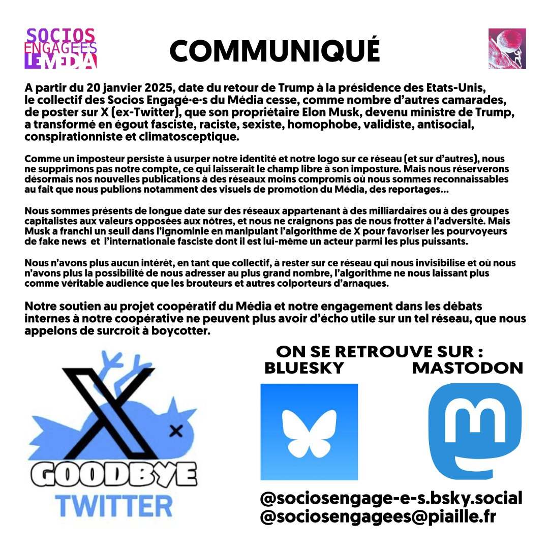 Communiqué : Nous ne posterons plus sur X
sociosengages.fr/2025/01/18/nou…
#HelloQuitteX #BoycottX #BoycottTwitter #BlueSky #Mastodon #nopasaran