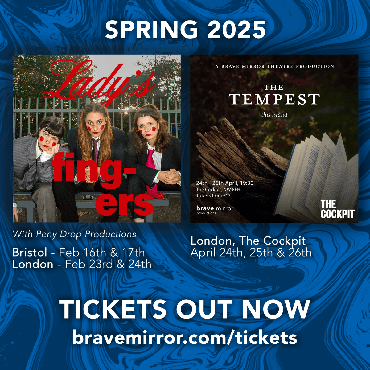 BraveMirrorUK's tweet photo. Tickets are available for our next two projects - buy yours now!

Lady’s Fingers - FEBRUARY - Bristol &amp; London
The Tempest - APRIL - London

We’re so excited to share these two fantastic shows with you - made with incredibly talented artists. We can’t wait to see you there! https://t.co/ZYleQpBWv0