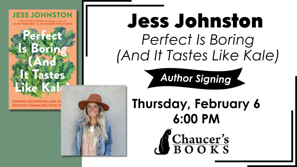 chaucersbooks's tweet photo. Join us in conversation w local author Jess Johnston for a book talk + signing of Perfect is Boring (And it Tastes Like Kale). 😁 Thu, 2/6 at 6pm. In this poignant, hilarious book, Johnston shares her experiments in finding our way back to each other.
#SantaBarbara #AuthorTalk https://t.co/2Tq6Bnbcov