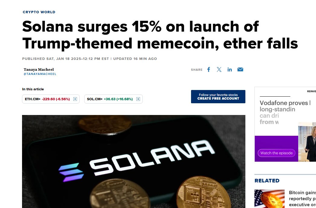 CNBC:  "Solana surges 15% on launch of Trump-themed memecoin, ether falls"
I hope .eth will finally understand their mistake