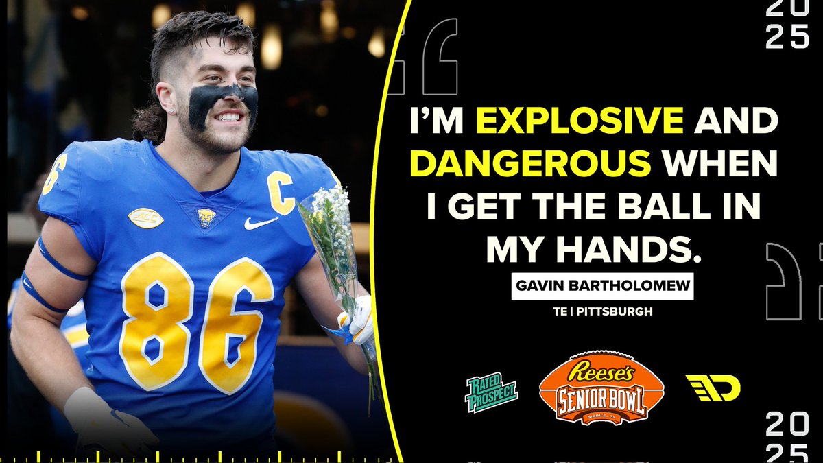 Justin M (@justinm_nfl) on Twitter photo Next up in the <a href="/seniorbowl/">Panini Senior Bowl</a> x <a href="/TheDraftNetwork/">The Draft Network</a> Interview Series is <a href="/Pitt_FB/">Pitt Football</a> TE Gavin Bartholomew!
"I'm explosive & dangerous when I get the ball in my hands." - <a href="/GavinBartholom6/">Gavin Bartholomew</a>
READ:
thedraftnetwork.com/2025/01/17/gav… Next up in the <a href="/seniorbowl/">Panini Senior Bowl</a> x <a href="/TheDraftNetwork/">The Draft Network</a> Interview Series is <a href="/Pitt_FB/">Pitt Football</a> TE Gavin Bartholomew!
"I'm explosive & dangerous when I get the ball in my hands." - <a href="/GavinBartholom6/">Gavin Bartholomew</a>
READ:
thedraftnetwork.com/2025/01/17/gav…