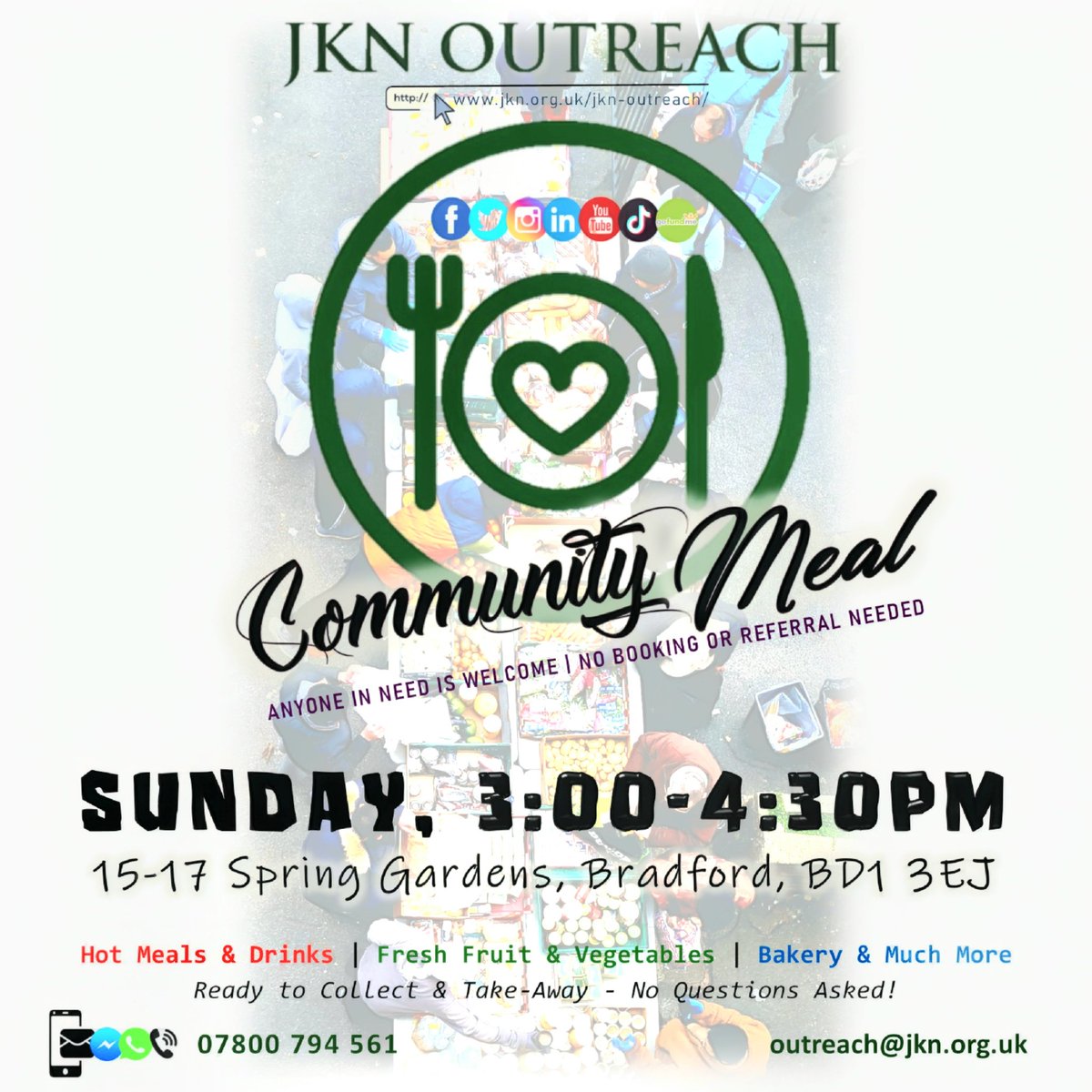 JknOutreach's tweet image. 🌺 𝙌𝙪𝙞𝙩𝙚 𝙎𝙞𝙢𝙥𝙡𝙮 - 𝙒𝙚'𝙧𝙚 𝙝𝙚𝙧𝙚 𝙛𝙤𝙧 𝙖𝙣𝙮𝙤𝙣𝙚 𝙬𝙝𝙤 𝙣𝙚𝙚𝙙𝙨 𝙩𝙝𝙚 𝙝𝙚𝙡𝙥!

♨️ Free hot meals/drinks including a range of fruit, veg, bakery &amp;amp; more | Drop-in &amp;amp; collect what you need. #NoQuestionsAsked

💞 Kindly share so no one goes hungry!