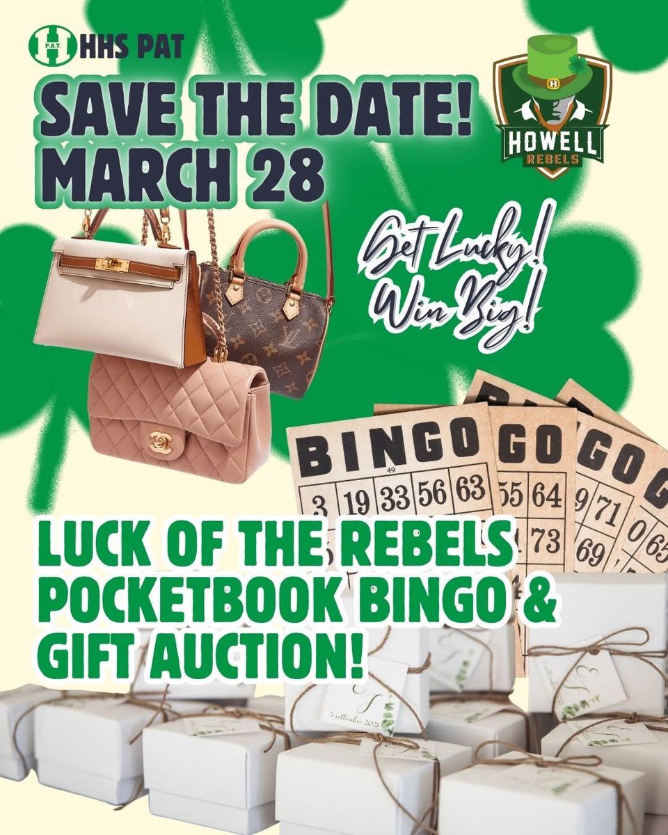🎉 Save the Date! 🍀💼
Join us for the HHS PAT Luck of the Rebels Pocketbook Bingo &amp; Gift Auction
📅 When: Fri, 3-28-25
📍 Where: Howell High School Cafeteria
#LuckOfTheRebels #PocketbookBingo #GiftAuction #HowellHighSchool #RebelPride #hhspat #wearehowell #frhsd 💼🍀🎯