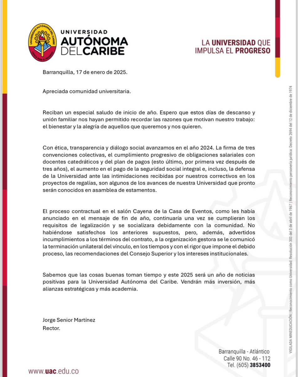 Saludamos la decisión de terminación unilateral del contrato celebrado entre la Uniautonoma y Albesa por parte del rector <a href="/JorgeSeniorUac/">Jorge Senior UAC</a> . Rescindir fue desde el principio nuestra exigencia  y ahora demandamos la construcción conjunta de la operación futura de nuestra casa club.
