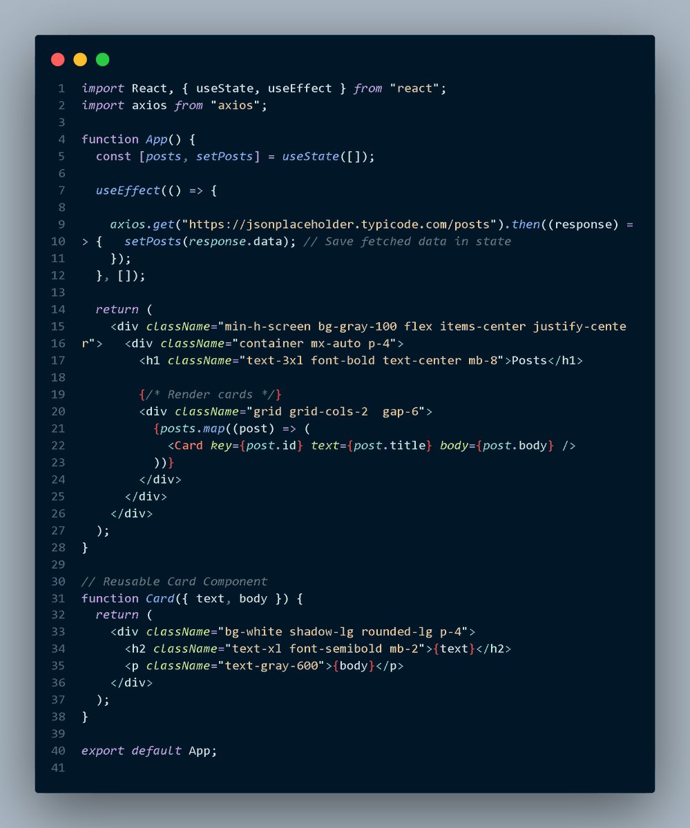 Nitaj333's tweet photo. π Day 14 of #AdvancedFrontend
Practicing react:
1οΈβ£ Fetched API data with Axios
2οΈβ£ Used useState for state management & useEffect
3οΈβ£ Displayed data in a grid using map with reusable card components.
#30DaysOfCode #React https://t.co/kZ3VpMgdC1