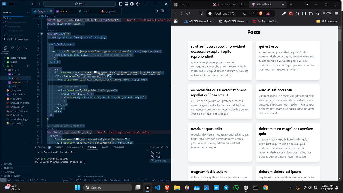 Nitaj333's tweet photo. π Day 14 of #AdvancedFrontend
Practicing react:
1οΈβ£ Fetched API data with Axios
2οΈβ£ Used useState for state management & useEffect
3οΈβ£ Displayed data in a grid using map with reusable card components.
#30DaysOfCode #React https://t.co/kZ3VpMgdC1