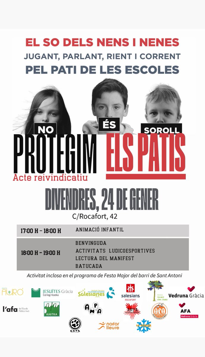 El so dels nens i nenes jugant, parlant, rient i corrent pel pati de les escoles no és soroll. Protegim els patis!
Acte reivindicatiu el proper divendres a la tarda⏬️⏬️