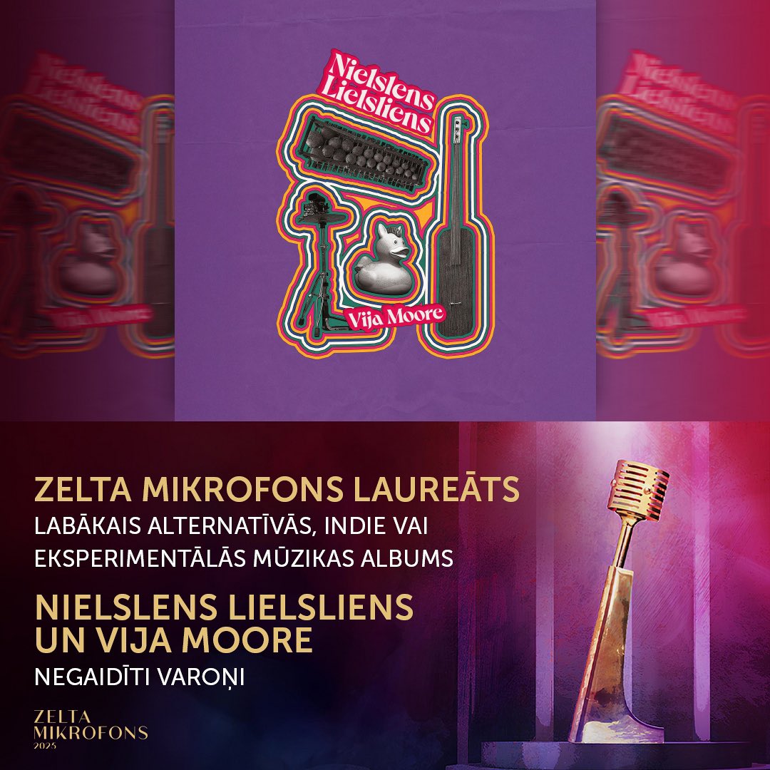 Kategorijā “Labākais alternatīvās, indie vai eksperimentālās mūzikas albums” Zelta mikrofonu iegūst Nielslens Lielsliens un Vija Moore ar albumu “Negaidīti varoņi”! 🎙️