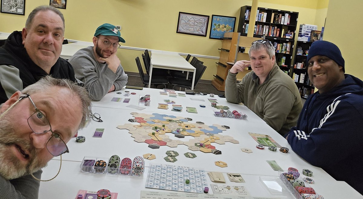 GameMadison's tweet image. Railways of the Lost Atlas at I'm Board Middleton with David, Dave, Rob, Tom, Kolt.  A few friendly mergers created an interesting game!   #18xx, #ccmf