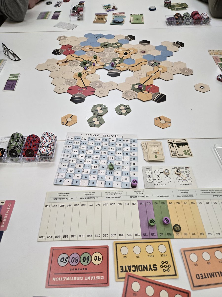 GameMadison's tweet image. Railways of the Lost Atlas at I'm Board Middleton with David, Dave, Rob, Tom, Kolt.  A few friendly mergers created an interesting game!   #18xx, #ccmf