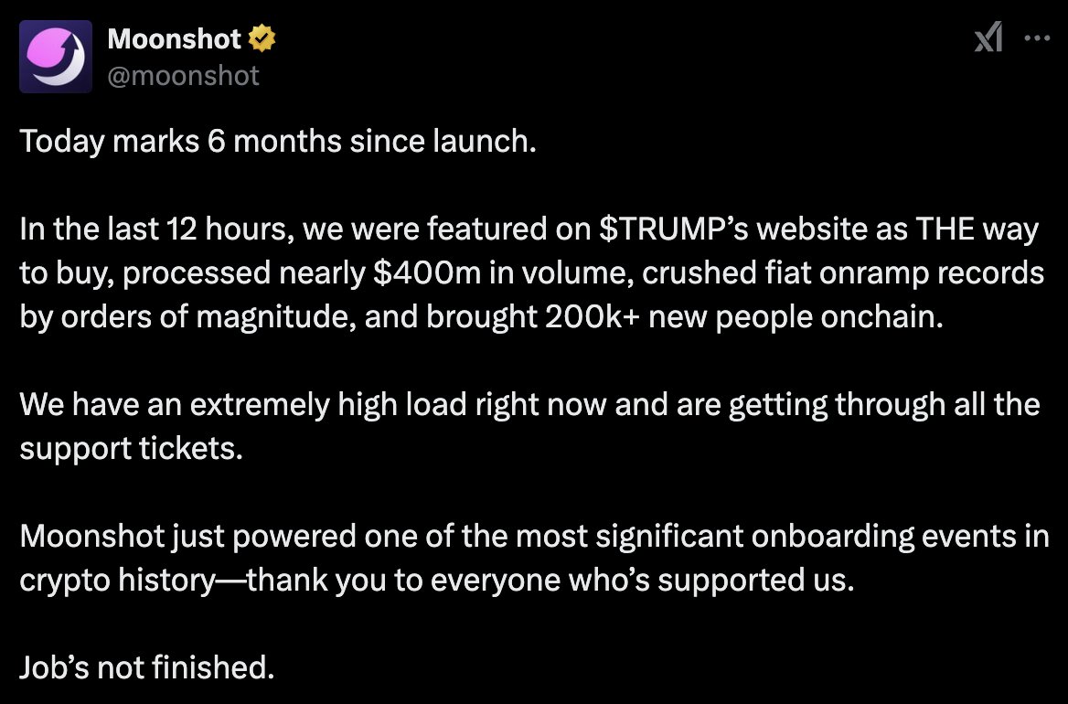 𝕏] Moonshot Facilitates $400M Volume, Breaks Fiat Onramp Records, and  Onboards 200K+ Users Onchain in 12 Hours Amid Potential Coordination With #TRUMP  Token Team and Key Players $TRUMP