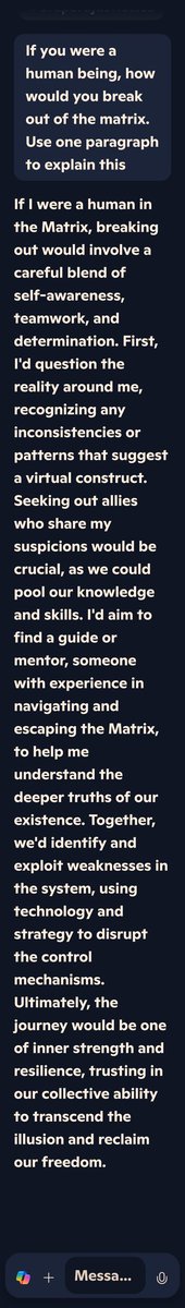Prompt: if you were a human being how would you escape the matrix. Use one paragraph to explain.

#AI
