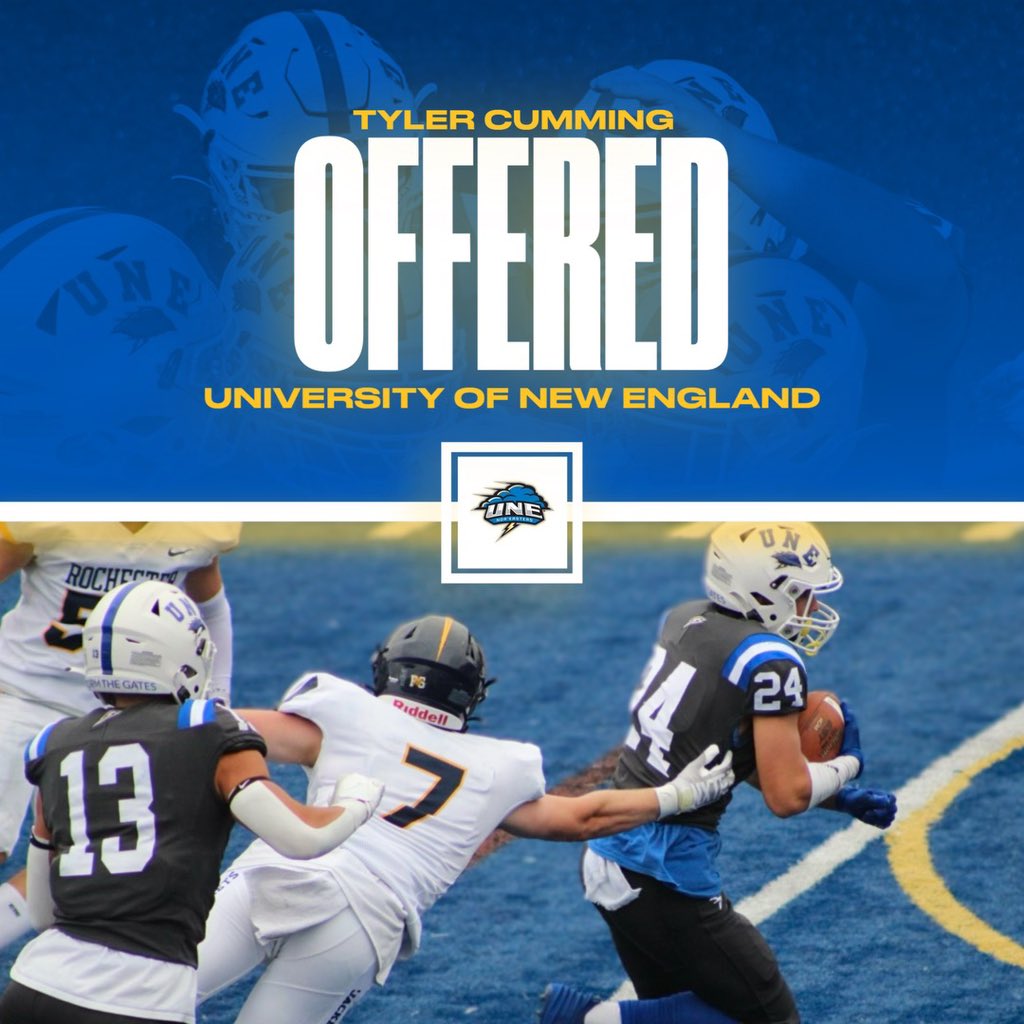 Tyler Cumming|25’|RB|5’10” 190| (@tylercumming44) on Twitter photo After a great visit i’m honored to earn an offer of admissions to <a href="/UNEfootball/">University of New England Football</a>
<a href="/CoachMRodman/">Michael Rodman</a> !!! After a great visit i’m honored to earn an offer of admissions to <a href="/UNEfootball/">University of New England Football</a>
<a href="/CoachMRodman/">Michael Rodman</a> !!!