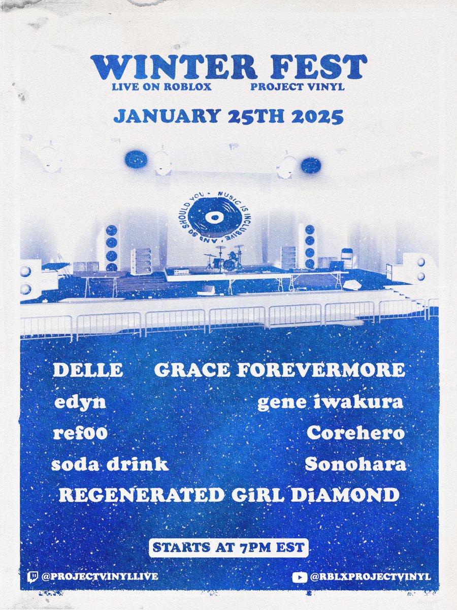 PROJECT VINYL WINTERFEST ON 1/25!!! Show starts at 7pm on the Roblox game Project Vinyl!!!

roblox.com/games/10856009…

#musicfestival #roblox #liveconcert #virtualconcert