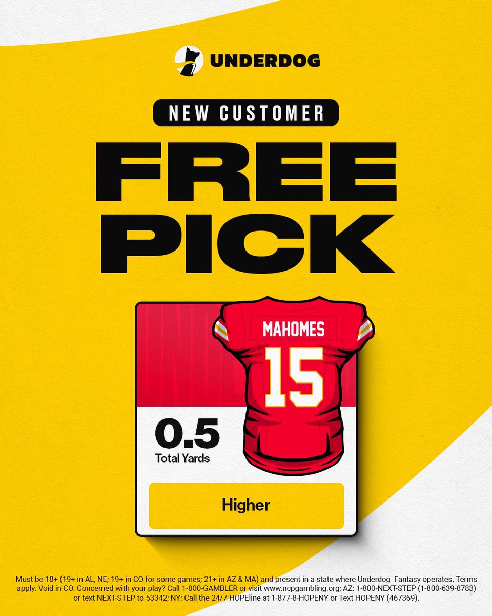 itsdomyoutube's tweet image. LIKE AND RT FOR A GIFT CARD!

One winner who correctly predicts Mahomes' yards today! (two guess max)

Use code Dom 👇 to get this FREE .5 Mahomes pick + up to $1000 in bonus $ play.underdogfantasy.com/itsdomyt (not required)