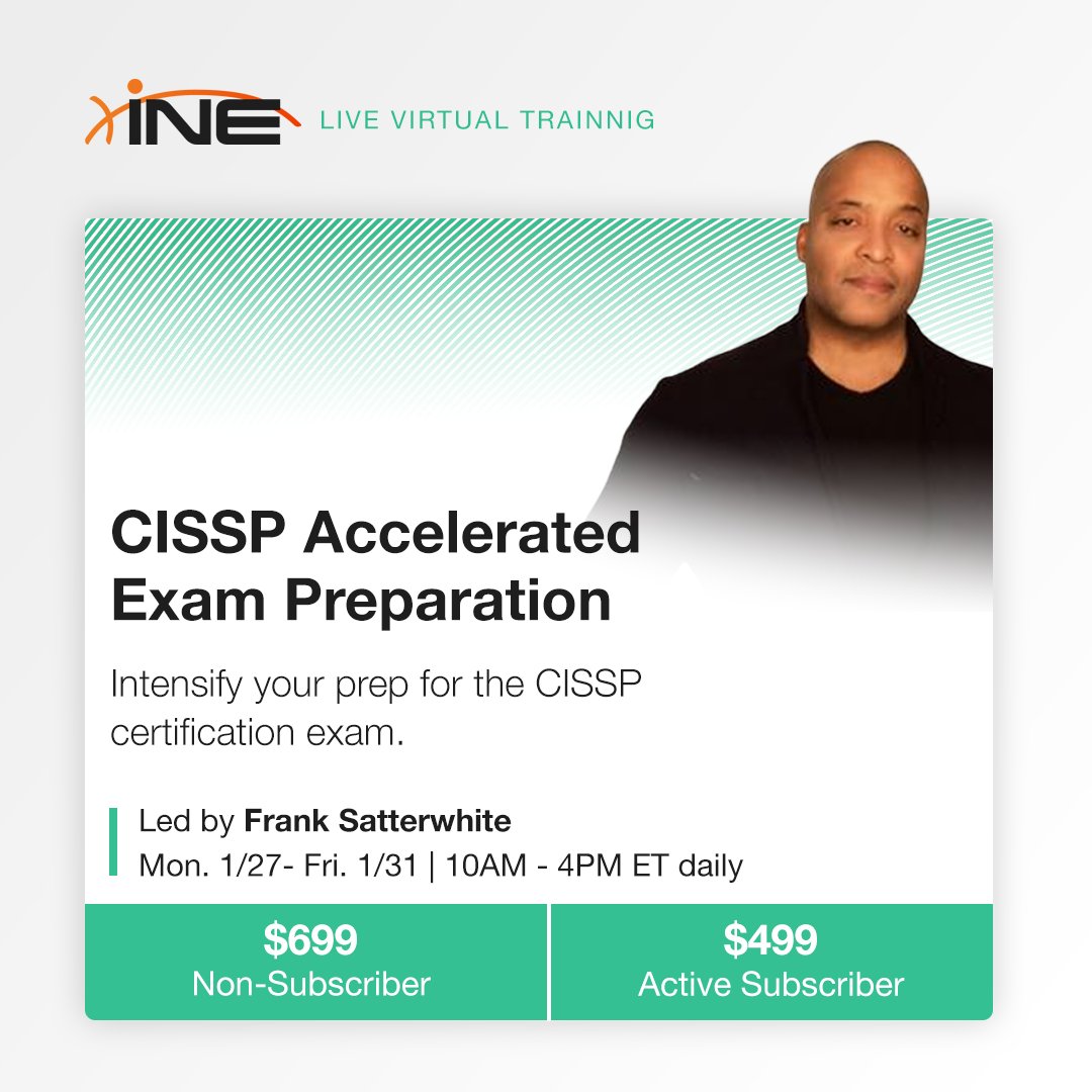INEsecurity's tweet image. 🚨 Our #CISSP #LiveVirtualTraining is approaching faster than your deadline for password updating!

Our instructors are ready to tackle your toughest queries in real-time w/ in-depth training &amp;amp; cert prep.

Don't wait to register! Secure your spot today at bit.ly/3DEPkn0