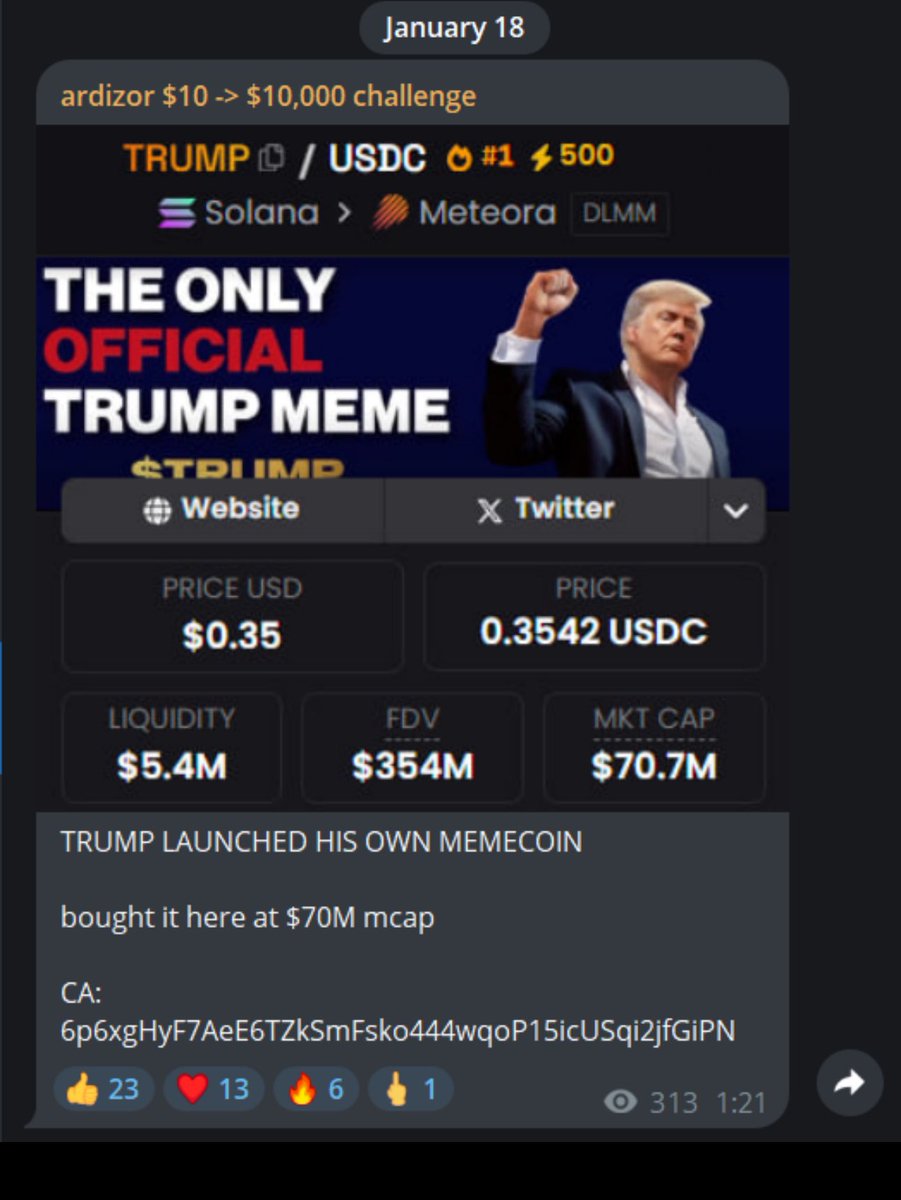 bnaira2024's tweet photo. ARDIZOR
I called $TRUMP at $70M in my private TG
People who are in made over 60x overnight
I made $2 million in just a few hours
Now I want to giveaway $400K in $TRUMP and 50 invites in my private tg...
Drop your $SOL wallet, Like & RT
Must be following and member of my public . Follow us  https://t.co/mkgVddD7E6