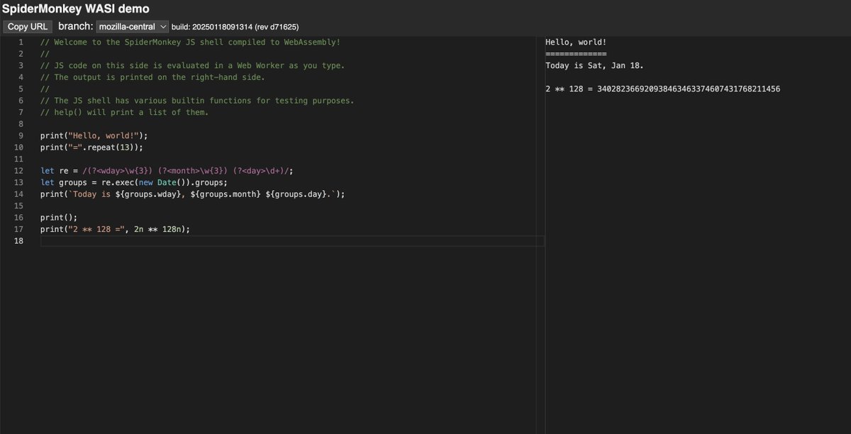 SpiderMonkey WASI demo — the SpiderMonkey JS engine, compiled to WebAssembly, running in the browser
→ mozilla-spidermonkey.github.io/sm-wasi-demo/