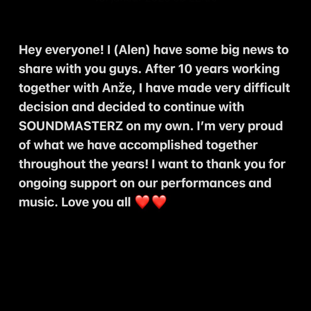 SoundmasterzX's tweet photo. It is with a heavy heart that we announce this news… We decided to go separate ways, but we are still really good friends. Alen will continue with SOUNDMASTERZ and is excited to show you what he has got in store for you! ❤️❤️ https://t.co/Xg9YnN5HR0
