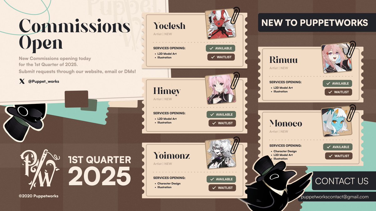 Puppet_works's tweet photo. Our doors are open with more hands ready to bring your vision to life! 👹🌸🐺🍵🐟

Join us in welcoming five incredible new artists, let their creativity craft your passion into reality! 🪡🐦‍⬛

Also who is that little crow? 🤔 https://t.co/9XkiYu2ouZ