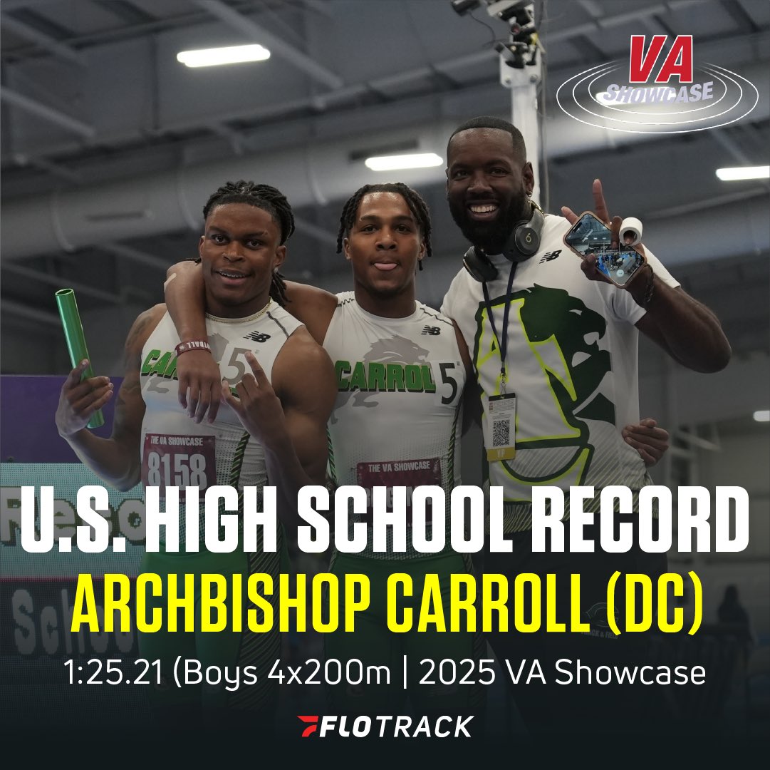 FloTrack's tweet photo. We know Coach Vic was PUMPED for this one βοΈ
Archbishop Carroll (DC) lowers its U.S. high school indoor record in the boys 4x200m to 1:25.21 at the VA Showcase.
#VAShowcase2025 | @milesplit https://t.co/svbzRDWrlo
