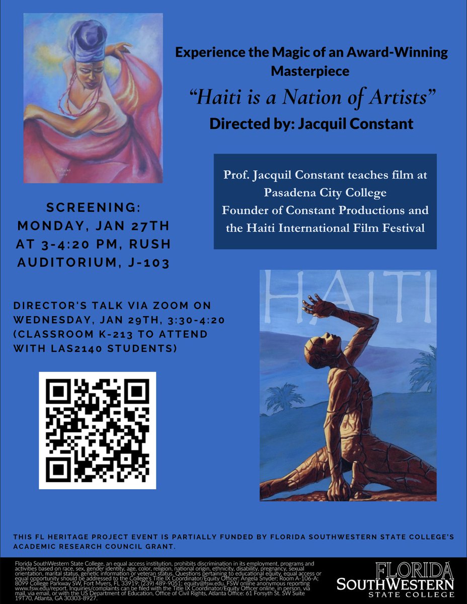 Hello X Family,

I am excited to share that my award-winning film will be showcased at Florida SouthWestern State College on Monday, Jan 27, 2025, at Rush Auditorium, J-103, from 3:00 pm—4:20 pm EST. I will also have a virtual conversation with Professor Myriam Mompoint.