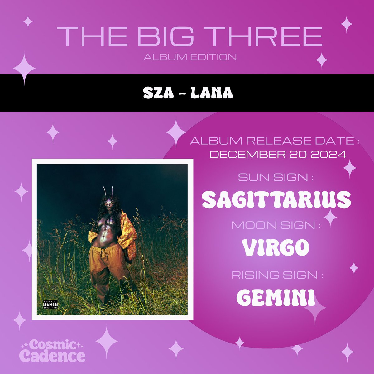 Big 3 reveal for <a href="/sza/">SZA</a>’s album Lana✨ Sadly it’s not a Gemini moon (given “30 for 30”) but does indeed have Gemini energy! ♊️ Listen to our latest podcast episode to learn more about the album’s big 3 &amp; zodiac energy💜

#sza #lana #30for30 #astrologypodcast #musicpodcast