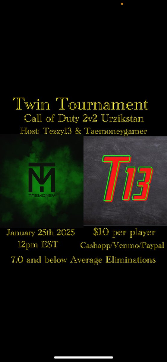 Tezzy_13's tweet image. 1 week away from our 2v2 tourney! Don’t forget to signup if you are eligible. Even if your not, spread the words to whoever is and root for your people! Contact myself or @Taemoneygamer  via DM’s of your interested. Final day to sign up is 1/24 at 12:59pm est!