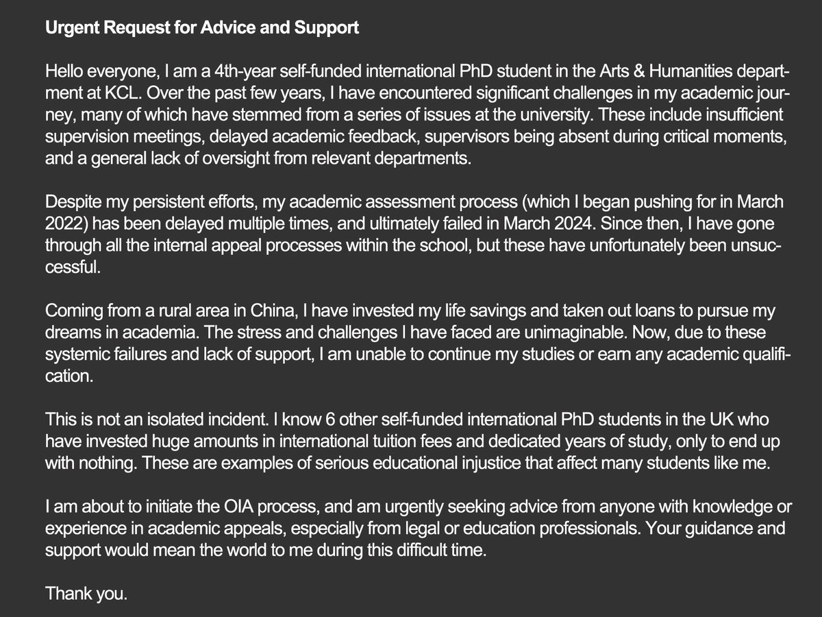 yanghanphoto's tweet image. Despite pushing for my academic assessment upgrade since March 2022, it was delayed multiple times and ultimately failed in Mar 2024. I’ve exhausted all internal appeals within the university, but they’ve been unsuccessful. @SianGriffiths6  @AJack #PhDChallenges